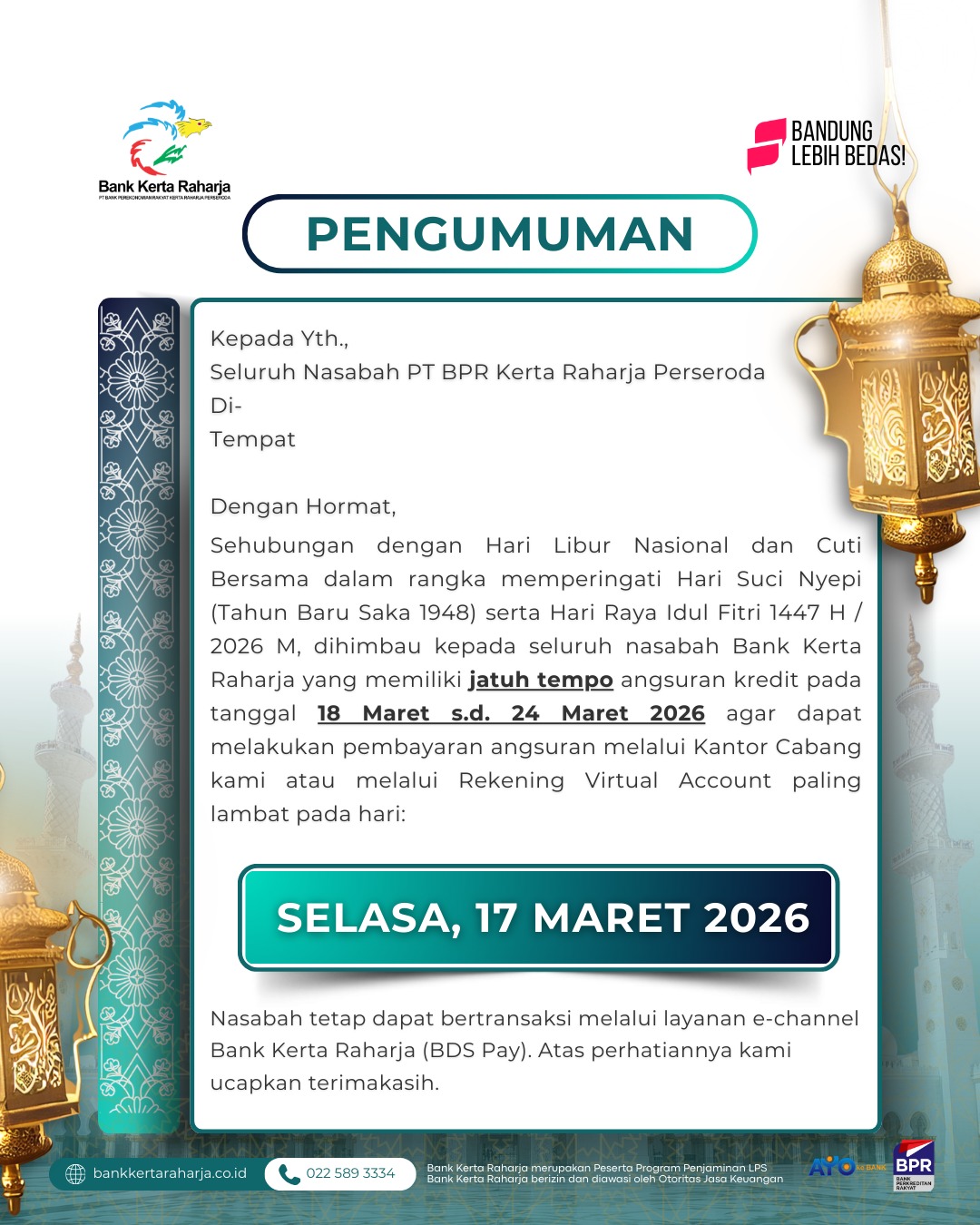 Hari Libur Nasional dan Cuti Bersama dalam rangka Hari Suci Nyepi (Tahun Baru Saka 1948) serta Hari Raya Idul Fitri 1447 H / 2026 M