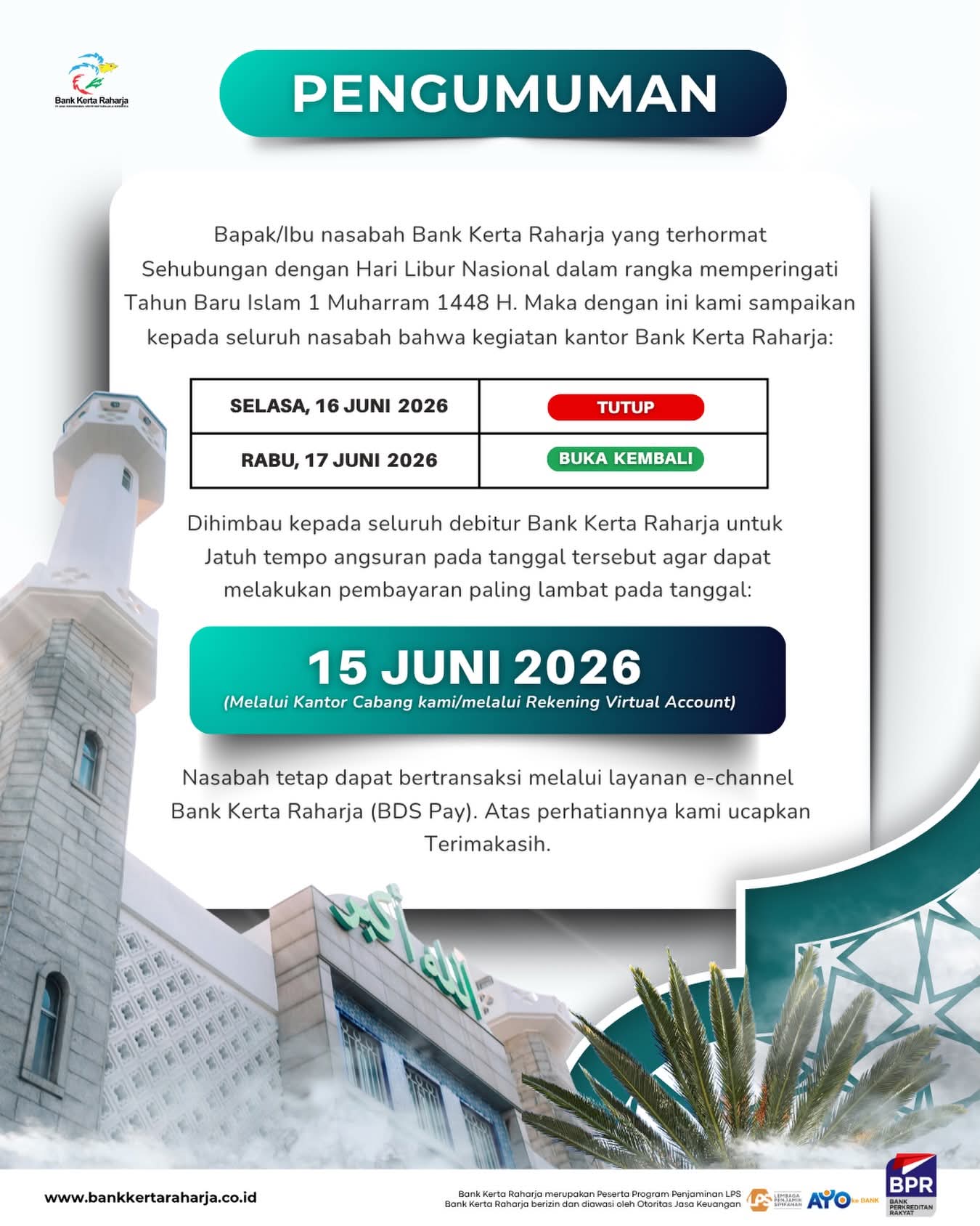 Sehubungan dengan Hari Libur Nasional dalam rangka memperingati Tahun Baru Islam 1 Muharram 1448 H